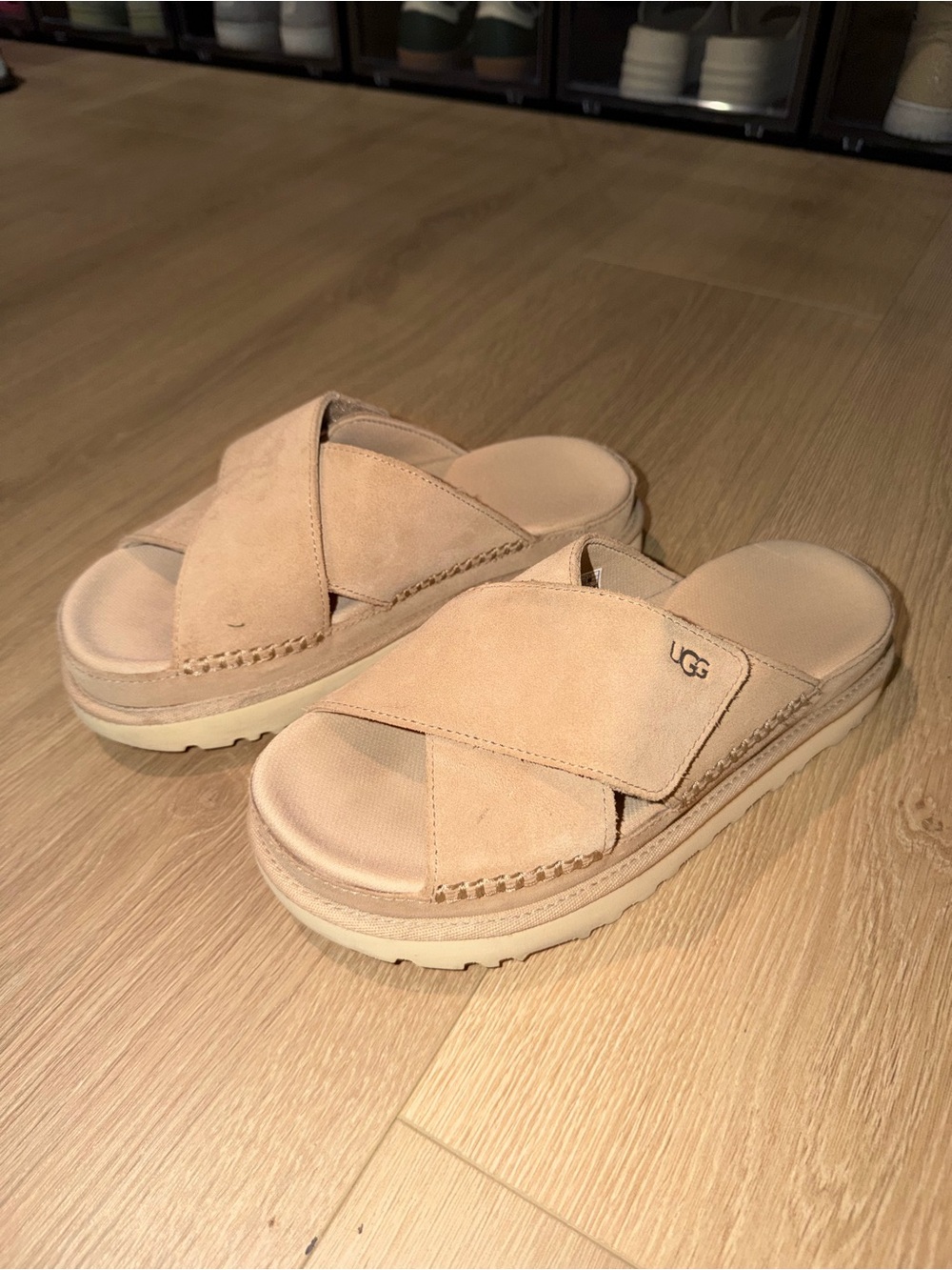 UGG Women's Beige Suede Crisscross Platform Slides